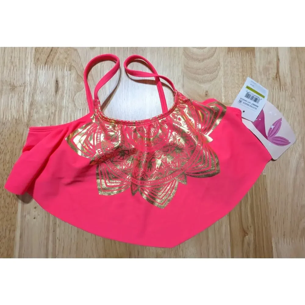 Glitter Beach Big Girls Flounce Bikini Top Foil Print, Coral Pink‎ Size 14